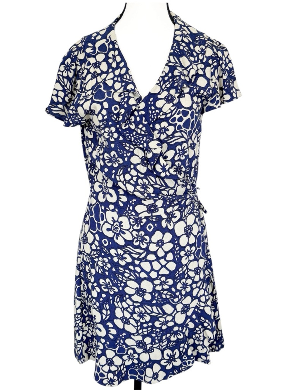 SUNDAY BEST ARITIZIA Floral Wrap Mini Dress Blue Cream Viscose Medium